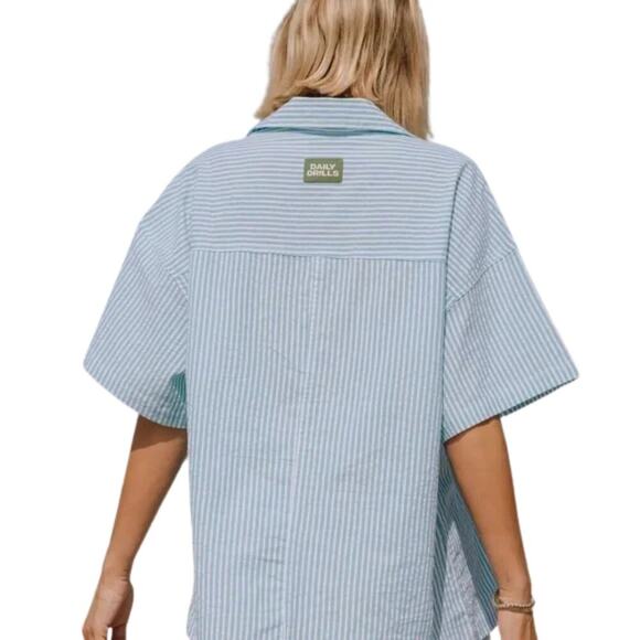 Daily Drills Seersucker Striped Cotton Top Short Sleeve Blue White Size XS / S - Picture 3 of 5